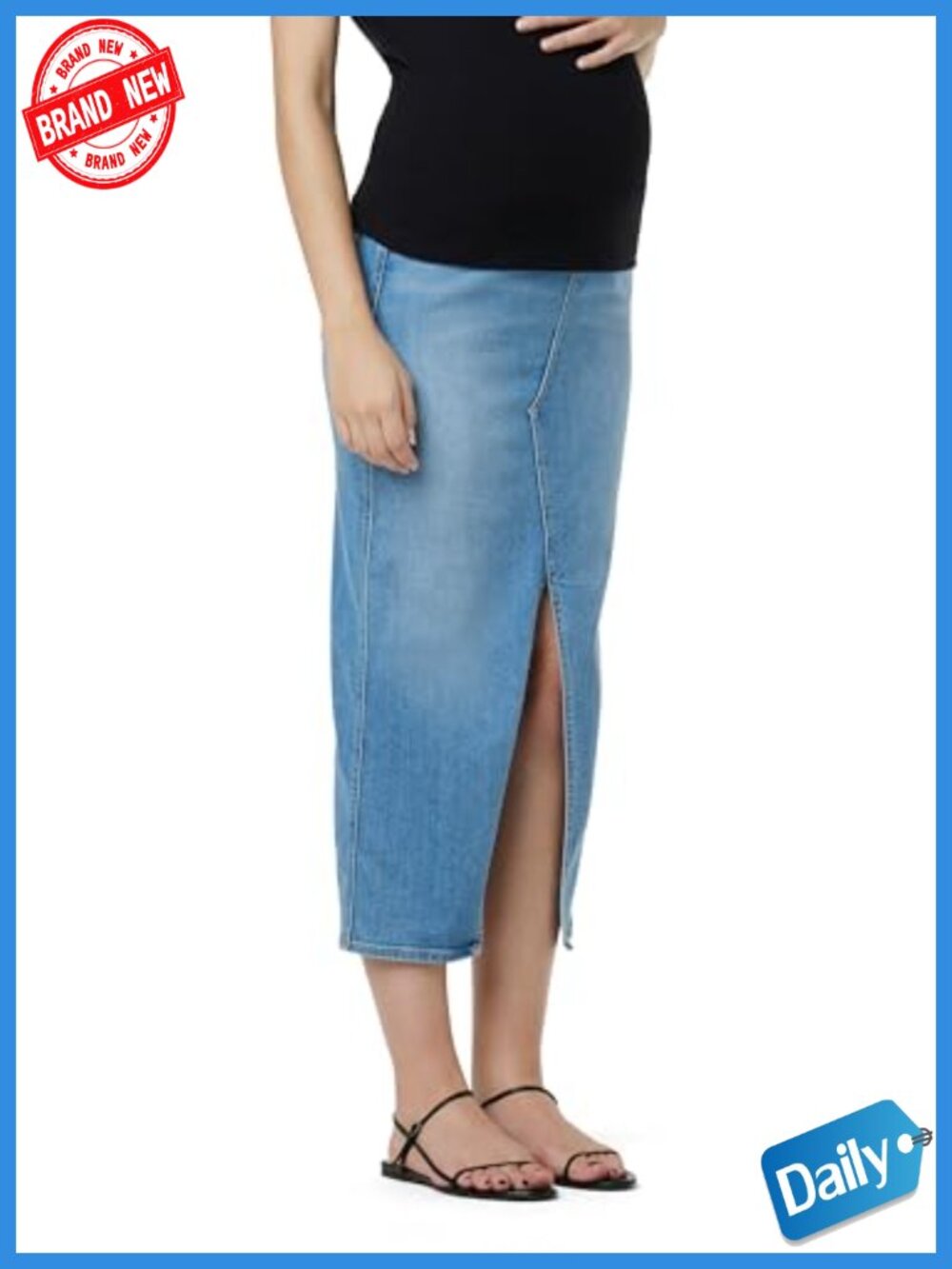 Maternity Midi Denim Skirt Over-the-Belly Band Front Slit